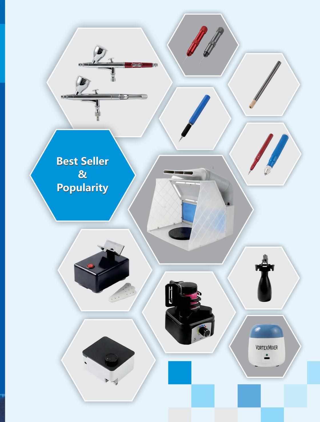 Joystar best sellers: gravity and siphon feed airbrushes, mini air compressors, portable spray booth, cleaning pots, vortex mixer and air eraser